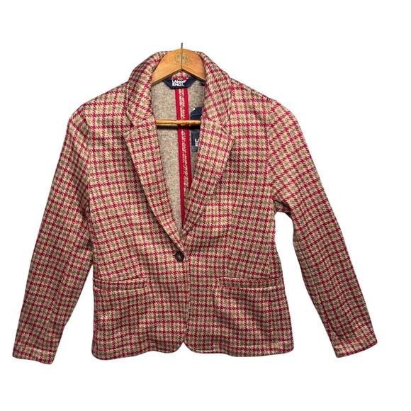 Lands' End Red Plaid Houndstooth 100% Cotton Fleece Blazer Jacket Women XS (2-4) - Picture 1 of 7